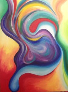 Abstract colorful swirl resembling a human profile.
