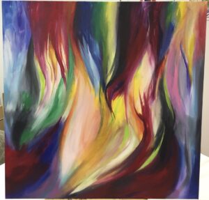 Abstract painting with vibrant, flowing colors blending in dynamic motion.