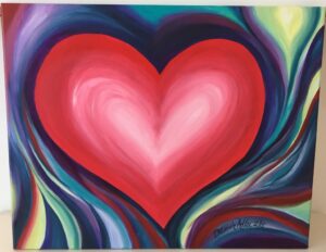 A vibrant red heart surrounded by swirling colorful patterns.