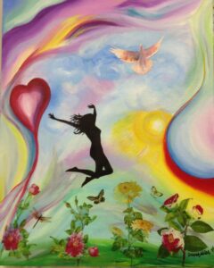 A joyful person leaps near a heart-shaped flower with a dove flying above in a colorful sky.
