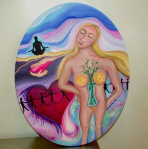 A serene woman surrounded by colorful waves and symbolic elements.
